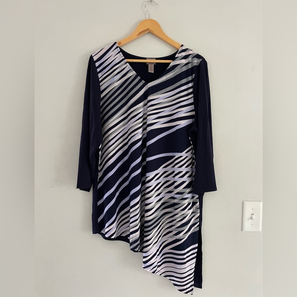 Easywear by Chicos Striped V-Neck Asymmetrical Blouse